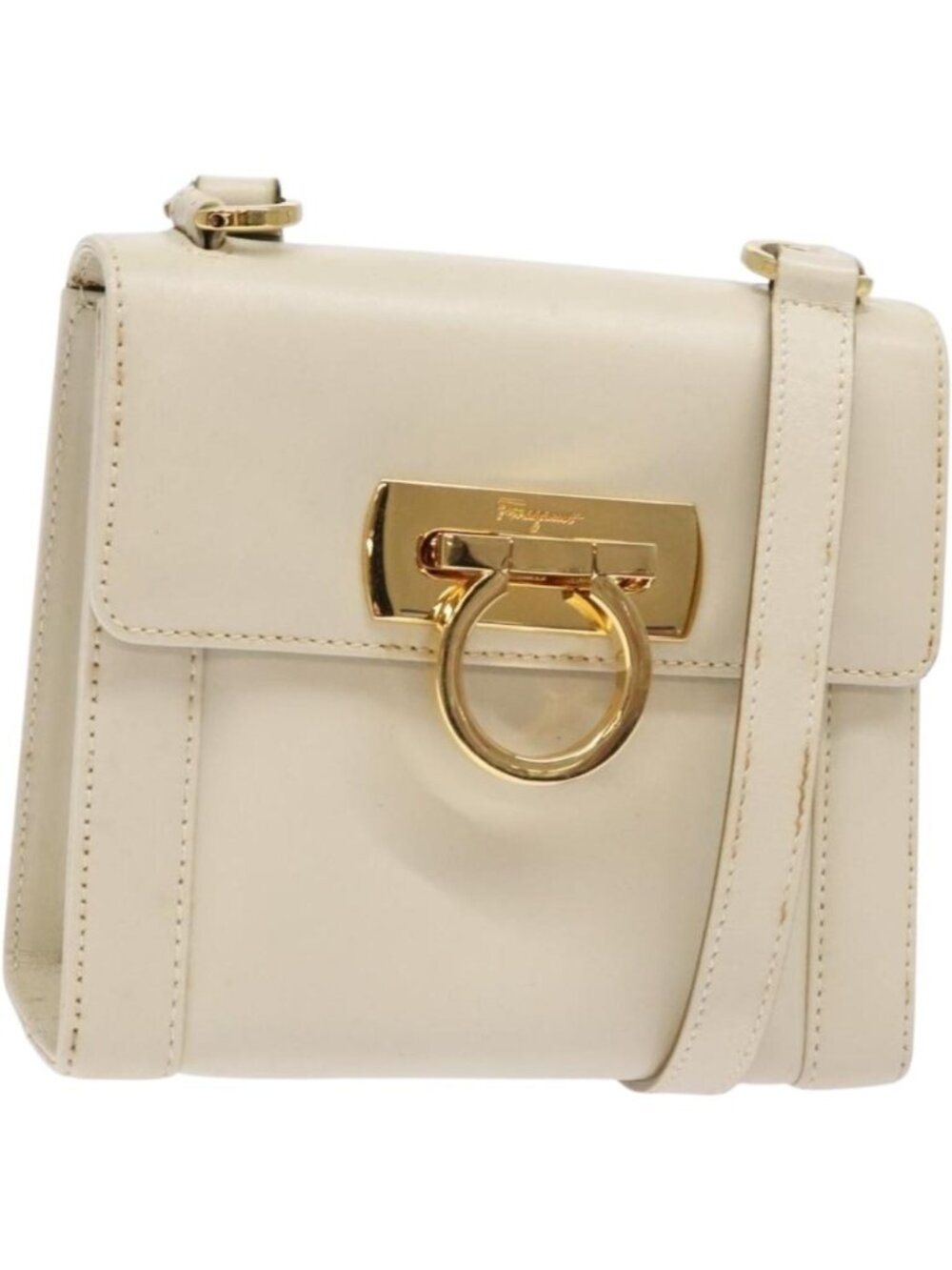 Salvatore Ferragamo Gancini Shoulder Bag Leather White Gold